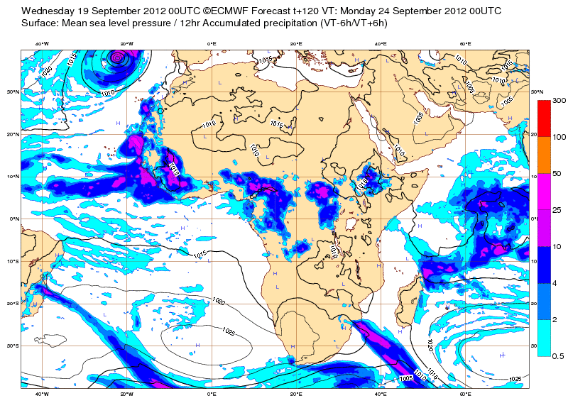 Imagen 1: Predicciones para el 24 de septiembre de 2012 a las 00 UTC.