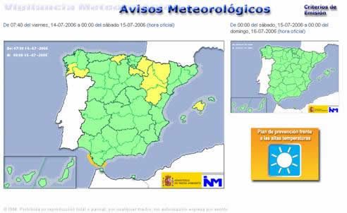 Nueva página de avisos meteorológicos según el plan meteoalerta para el 14 de julio a las 06 UTC de 2006. Fuente INM