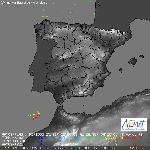Rayos en la zona, según la red de AEMET Rayos en la zona, según la red de AEMET