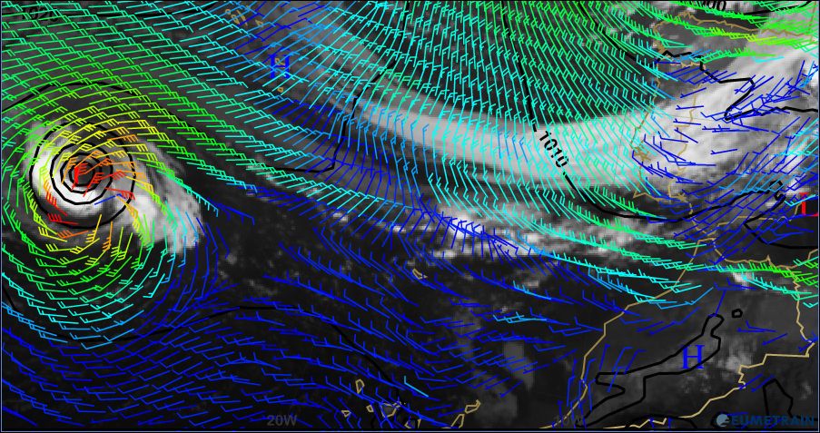 Detalle de la zona con viento a 10 m en barbas-kt y coloreado Detalle de la zona con viento a 10 m en barbas-kt y coloreado, y presión en superficie en hPa y líneas en negro, sobre imagen IR. La zona de deformación D mencionada con anterioridad se observa en este caso.