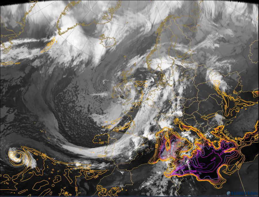 Inestabilidad a las 00 UTC mediante el índice CAPE Inestabilidad a las 00 UTC mediante el índice CAPE. Nótese la diferencia de valores en la zona frontera.