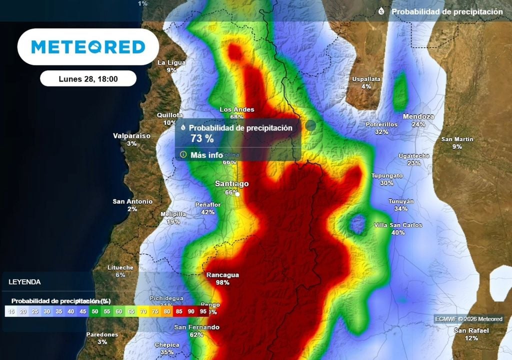 Más de un 70 % de probabilidad de ocurrencia de lluvias en Santiago este lunes: hacia la cordillera supera el 90 %.