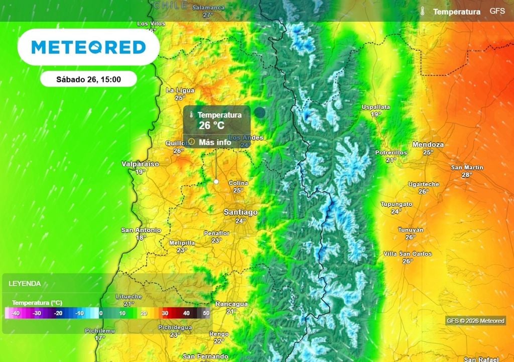 Modelo norteamericano GFS: prevé temperaturas cercanas a los 27 °C en zonas de la RM este sábado.