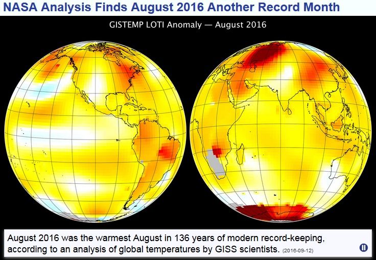 Mapas y gráficos donde se recogen las características térmicas de agosto de 2016 a nivel global. NASA-GISS