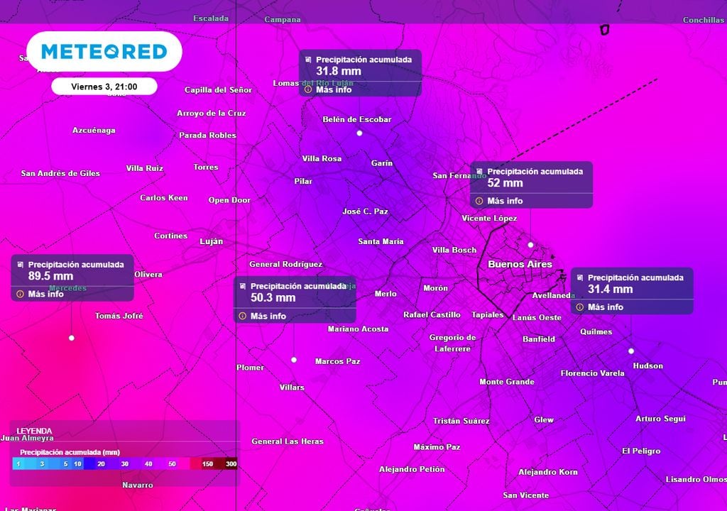 Acumulados viernes Mapa de acumulados de precipitación en el AMBA hasta la noche del viernes 3 de abril. En La zona sur, como La Plata, los acumulados no superarán los 40 mm en ese período.