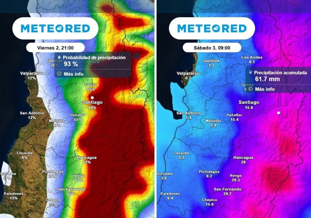 En Santiago las lluvias podrían acumular hasta 10 mm el viernes, mientras en localidades de la cordillera los acumulados podrían duplicarse. Se espera un aumento en las rachas de viento.