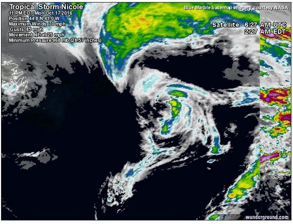 Trayectoria de Nicole e imagen IR realzada, todavía como Tormenta Tropical