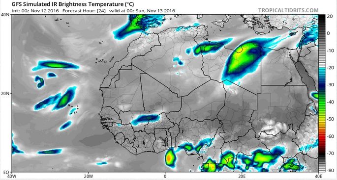 Imagen de nubosidad prevista en imagen infrarroja realzada para las 00 UTC del 13 de noviembre de 2016