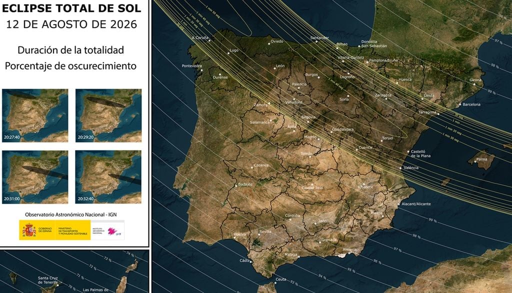 Percorso dell'eclissi e la fascia in cui sarà visibile nella sua totalità. Instituto Geográfico Nacional (IGN).