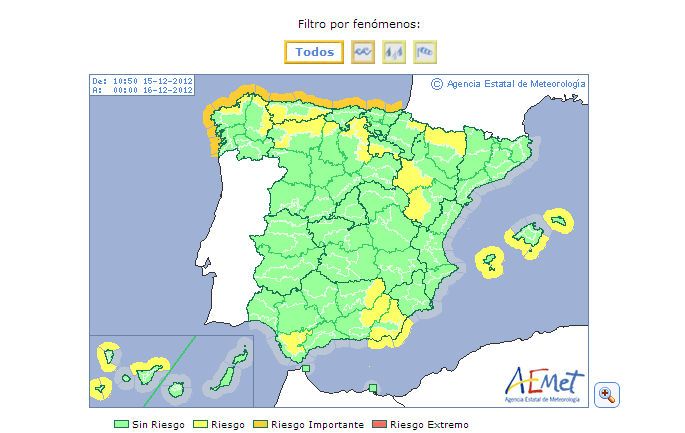 Avisos vigentes del día 15 de dic. de 2012 Avisos vigentes del día 15 de dic. de 2012, tornados a las 11 h.l.: Fuente: AEMET