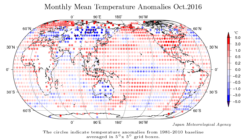 Distribución espacial de las anomalías para octubre de 2016