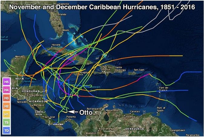 Trayectorias de los centros de ciclones tropicales registrados en el Caribe entre 1851 - 2016.
