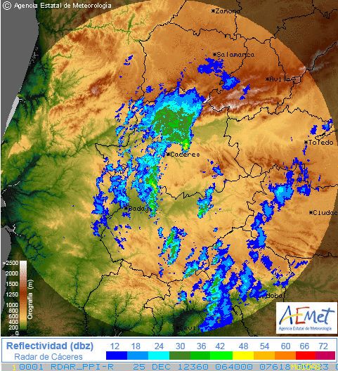 Imagen del PPI del radar de Cáceres de las 06:60 UTC del 25 de diciembre de 2012.