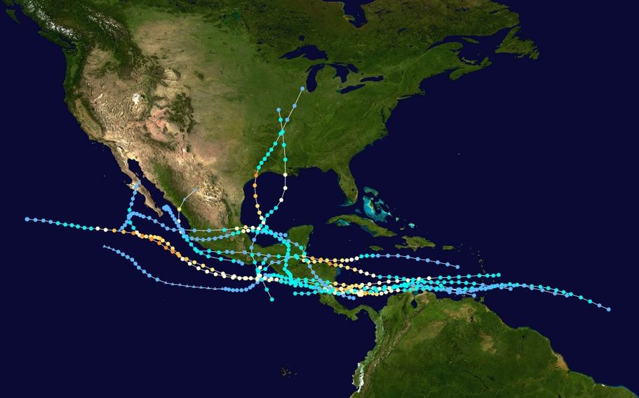 Trayectorias de ciclones tropicales que han pasado de una cuenca a otra: Atlántico-Pacífico Este
