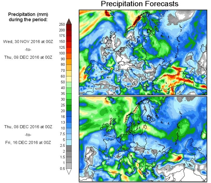 Predicción de la precipitación acumulada para dos periodos de tiempo: 30 nov - 8 dic y 8 dic-16 dic de 2016 dada por GFS (no incluida en la predicción especial de AEMET)