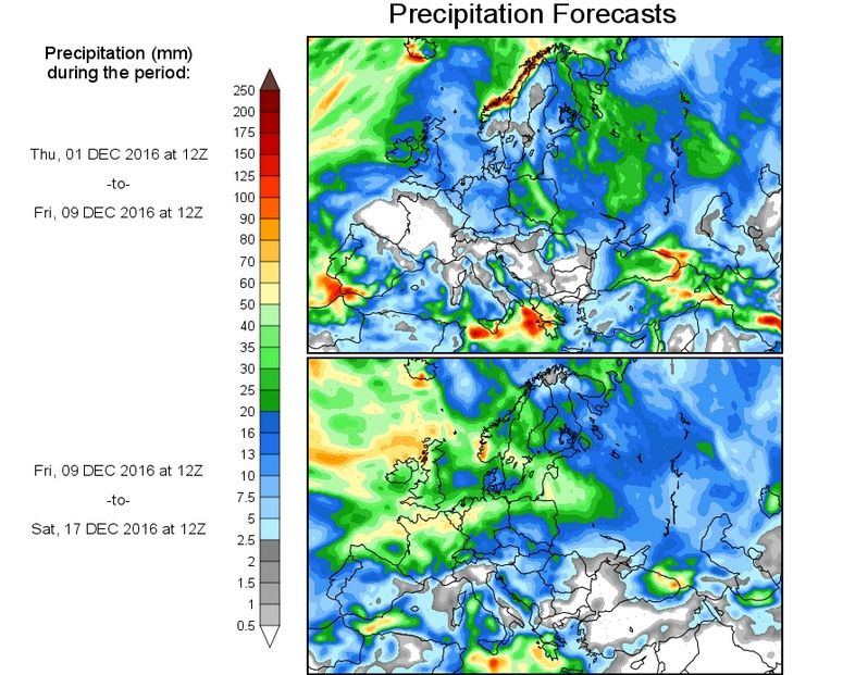 Precipitación acumulada a varios días vista por el modelo GFS: 01-09 dic y 09-17 dic de 2016 Precipitación acumulada a varios días vista por el modelo GFS: 01-09 dic y 09-17 dic de 2016. Figura no incluida en la predicción especial de AEMET