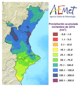 Resumen climatológico del mes de noviembre de 2016 en la Comunidad Valenciana