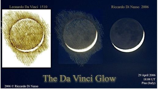 Foto 2: Bosquejo de Da Vinci del brillo terrestre en 1510 contra la foto de 2006 del astrónomo italiano Riccardo Di Nasso. Foto 2: Bosquejo de Da Vinci del brillo terrestre en 1510 contra la foto de 2006 del astrónomo italiano Riccardo Di Nasso.