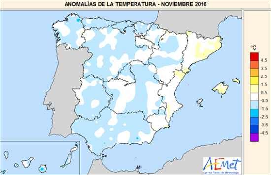 Anomalías de temperatura de noviembre 2016