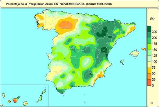 Porcentaje de precipitaciones acumuladas noviembre 2016 Porcentaje de precipitaciones acumuladas noviembre 2016