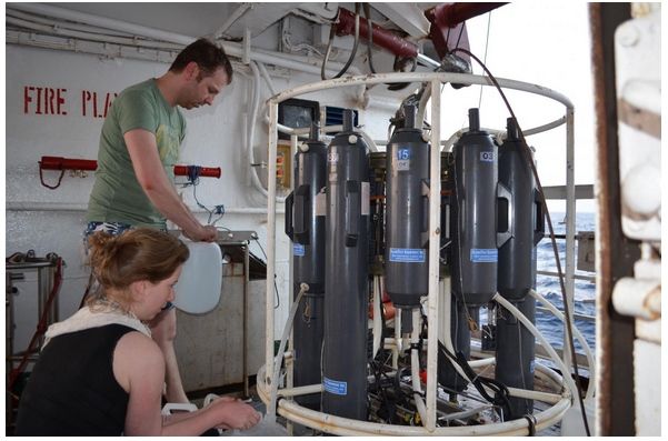 Jana Milucka (MPI-Bremen) y Michael Forth (Universidad del Sur de Dinamarca) en un buque de investigación en Bahía de Bengala. Imagen cortesía de SDU.