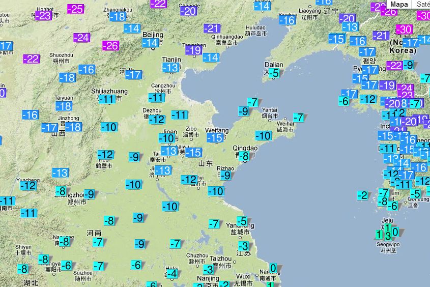 Temperaturas mínimas alcanzadas el 5 de enero de 2013 en la zona citada de China Temperaturas mínimas alcanzadas el 5 de enero de 2013 en la zona citada de China. Fuente: OGIMET