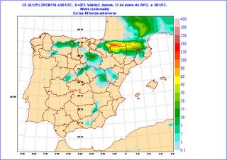 Mapa de nieve acumulada prevista en 48 h: alerta roja