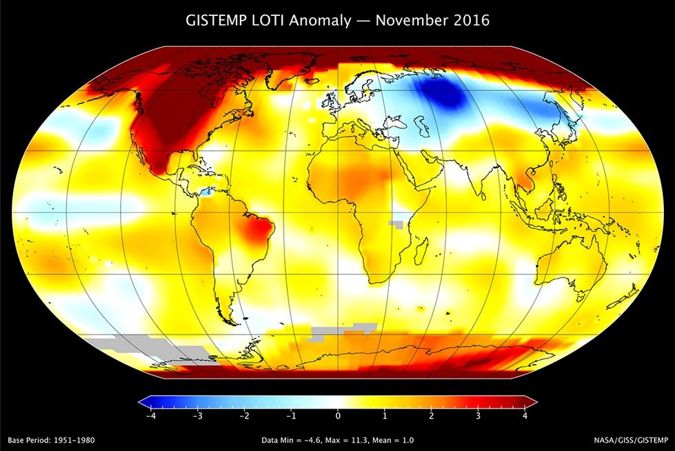 Anomalías de temperatura para noviembre de 2016, según NASA