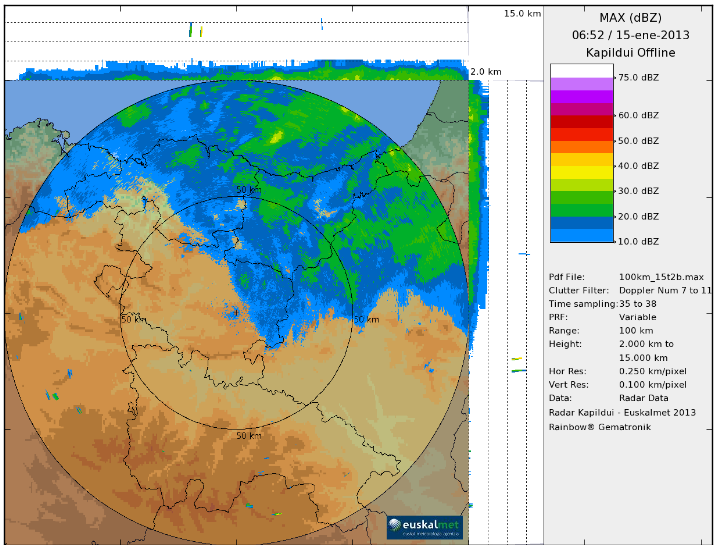 Imagen de reflectividades máximas en la vertical y horizontal para el día y hora dada. El espesor de las zonas de ecos de precipitación nivosa, reflectividades verticales, suelen posee espesores bajos, en este caso de 2-4 km, frente a los 15-18 km de la convección de meses cálidos. Fuente: Euskalmet.