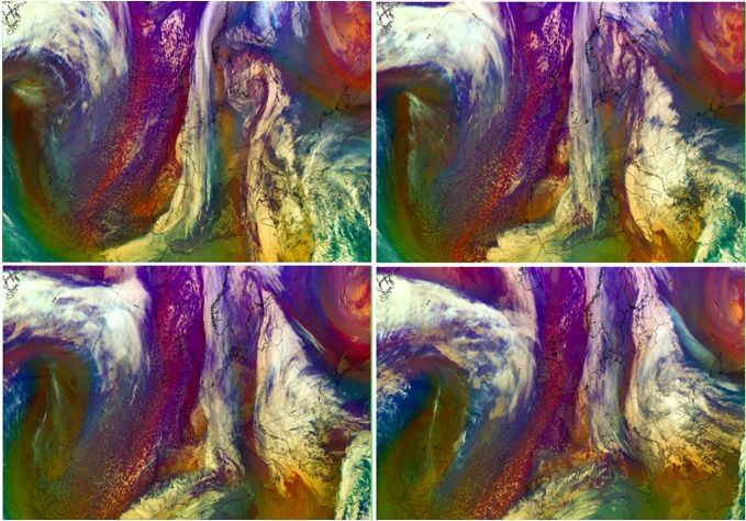 Figura 20. Evolución cada 6h de imágenes tipo "masas de aire" de la jornada 18-2-2016 Figura 20. Evolución cada 6h de imágenes tipo "masas de aire" de la jornada 18-2-2016