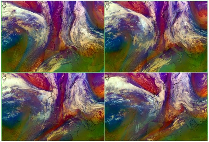 Figura 27. Secuencia de Imágenes de satélite del producto RGB masas de aire cada 6h del 19-2-2016 Figura 27. Secuencia de Imágenes de satélite del producto RGB masas de aire cada 6h del 19-2-2016