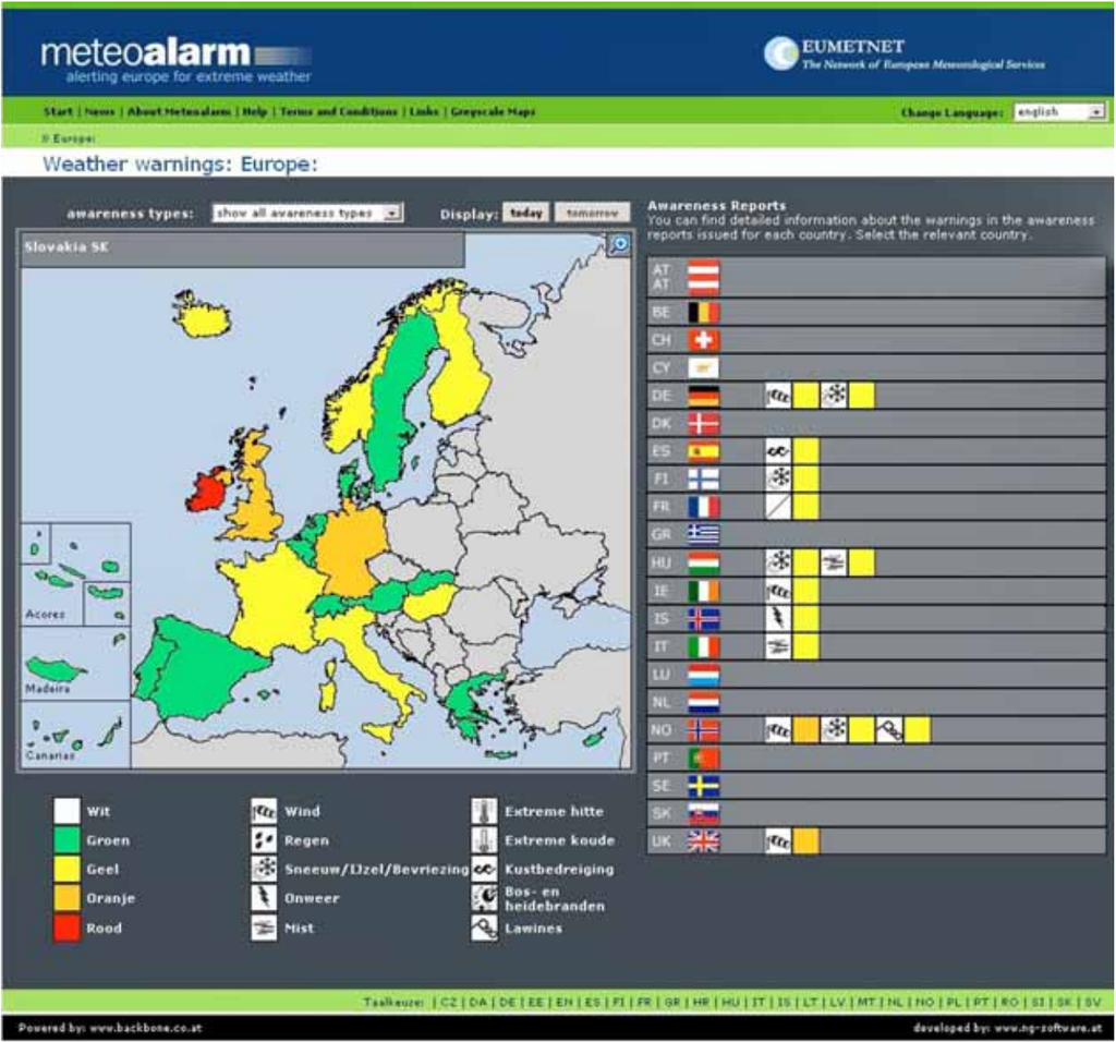 Figura 1. Meteolarm, el proyecto europeo de avisos meteorológicos adversos. Página web de bienvenida. Fuente: Meteoalarm.
