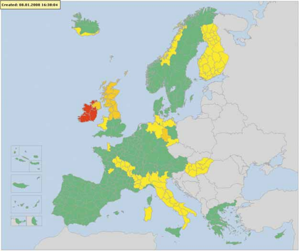 Figura 2. Futuro mapa de Meteoalarm, donde se incluyen las zonas provinciales de cada nación y desaparecen las fronteras. Fuente: The European Forecaster’s Newsletter.