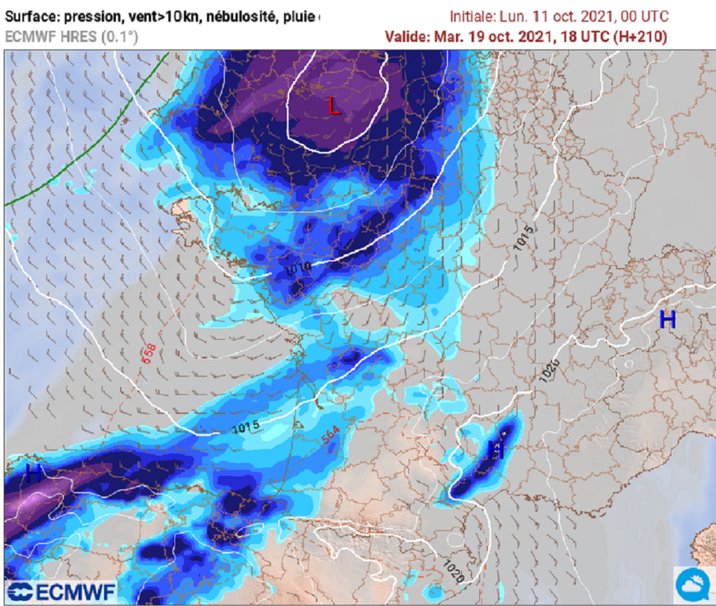 Prévisions du modèle ECMWF pour mardi 19 octobre avec une dégradation abordant le nord-ouest (carte tameteo) Prévisions du modèle ECMWF pour mardi 19 octobre avec une dégradation abordant le nord-ouest (carte tameteo)