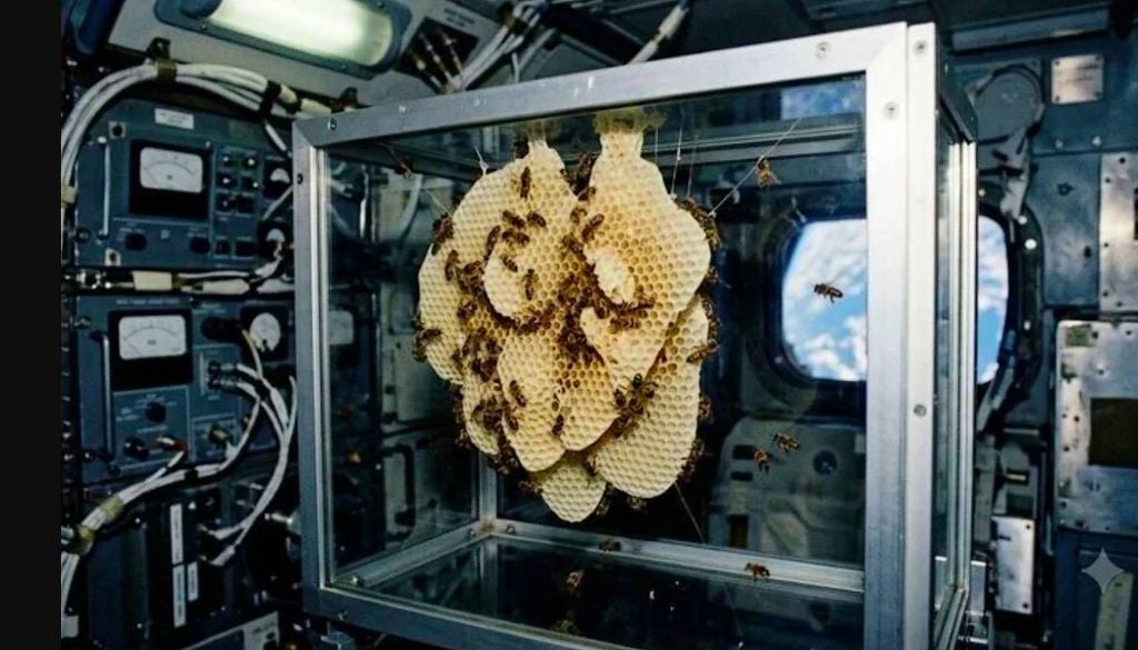 3.301 abejas viajaron al espacio con la misión Challenger y construyeron cerca de 200 cm² de panal durante siete días sin gravedad. Imagen: NASA.