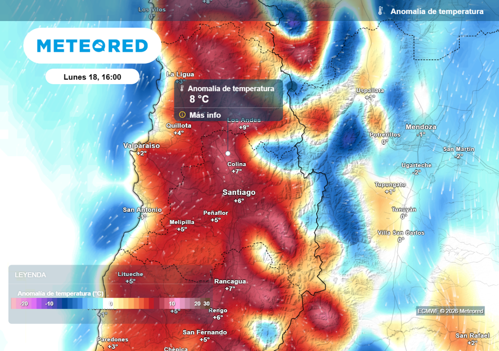 Mapas de anomalías del ECMWF muestran valores sobre el promedio histórico la próxima semana en Santiago.