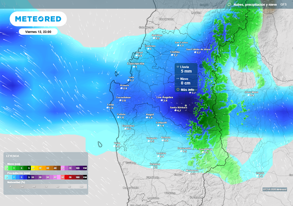 Intensas lluvias dejará el 3° sistema frontal en Chile centro-sur este fin de semana Precipitación (mm) para la noche del viernes (12) en las regiones de Ñuble, Biobío y La Araucanía.