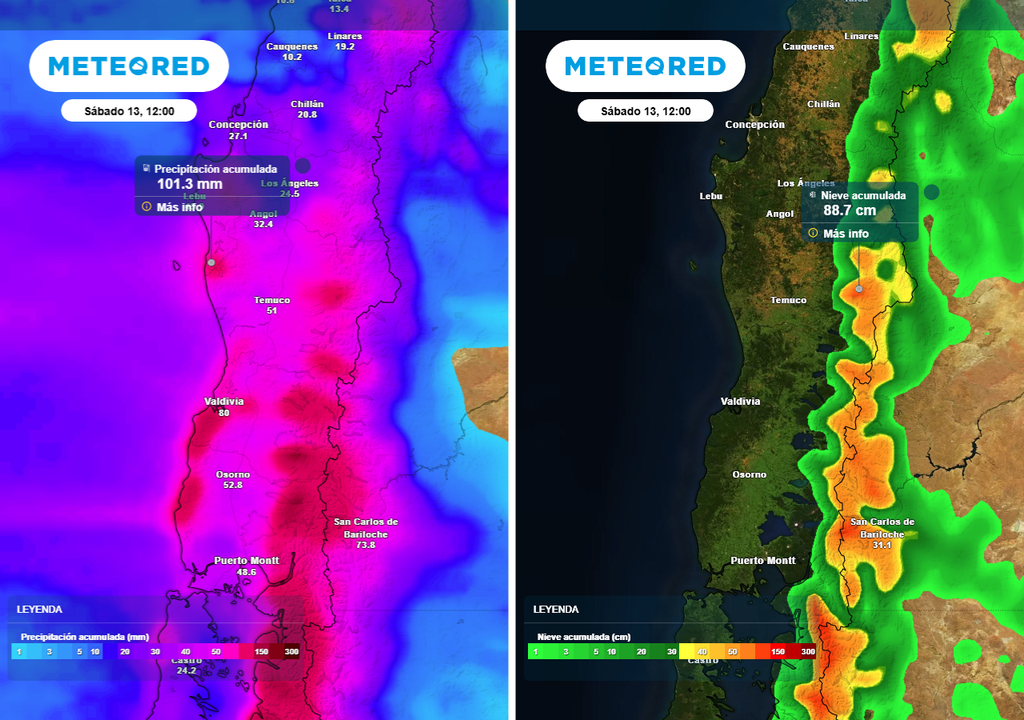 3° sistema frontal dejará nieve en la cordillera de Chile centro-sur Precipitación acumulada (mm) y nieve (cm) hasta el mediodía del sábado (13) en Chile centro-sur.