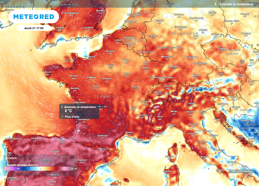 Anomalie de températures jeudi après-midi Jeudi après-midi, les températures se retrouveront régulièrement 5 à 7°C au-dessus des normales de saison.