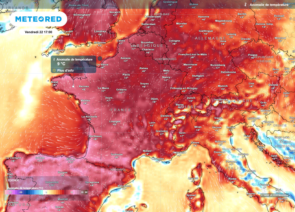 Anomalie de températures vendredi après-midi Vendredi après-midi, c'est dans le Sud-Ouest, en Bretagne et près de l'Atlantique que les températures seront les plus anormalement chaudes pour la saison.