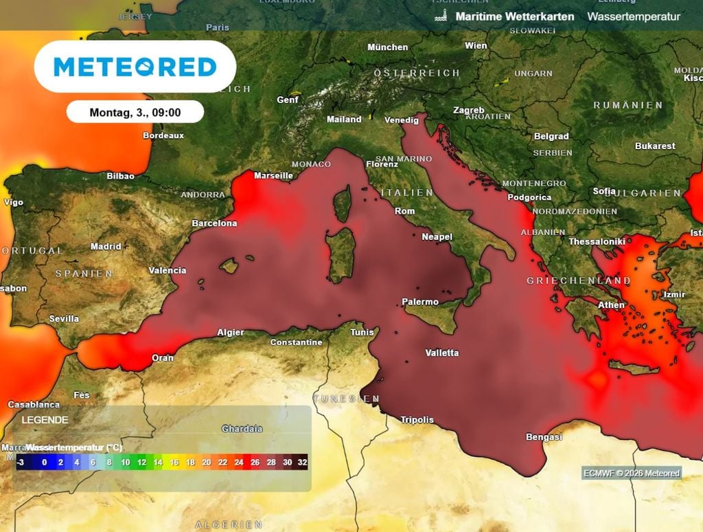 wetter, mittelmeer, warm Die Wassertemperaturen sind im Mittelmeer deutlich über dem langjährigen Klimamittel.