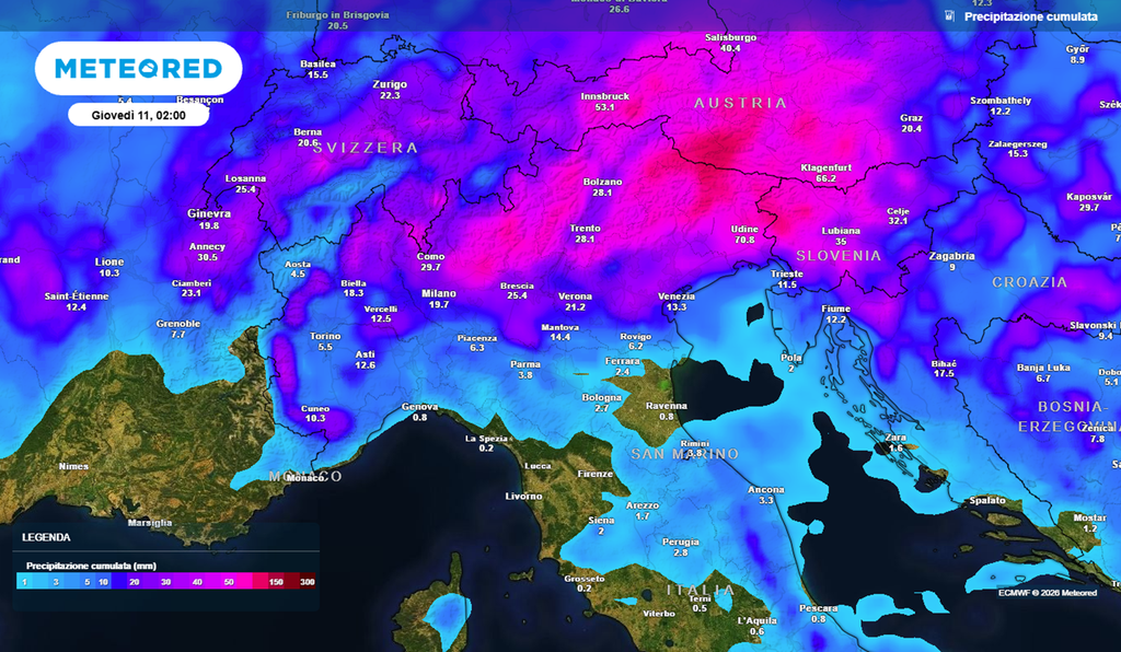 Triveneto con gli accumuli maggiori: spiccano i 70 millimetri di Udine