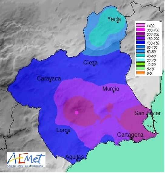 Fig. 3. Distribución de la precipitación en la Región de Murcia durante el episodio del 16 al 19 de diciembre de 2016. La precipitación media regional del episodio es de 144 mm.