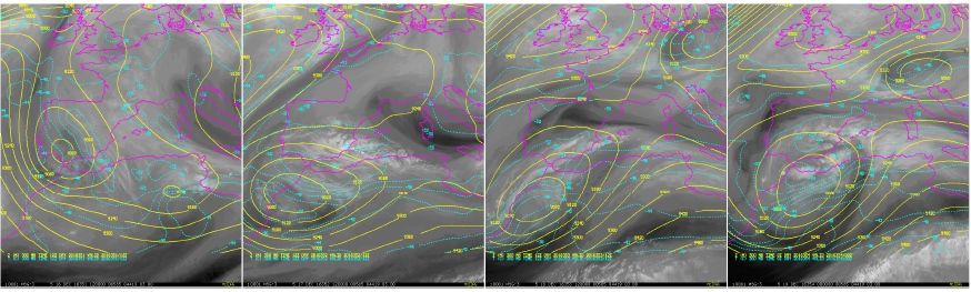 Fig. 2. Imágenes de satélite (canal WV) y, sobre ellas, los análisis de altura geopotencial y temperatura en el nivel de 300 hPa, entre el viernes 16 de diciembre (izquierda) a las 12 horas, y el lunes 19 (derecha), a intervalos de 24 horas.