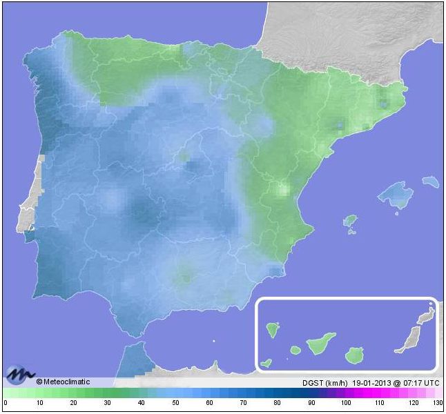 Mapa de colores de rachas detectadas, y según escala adjunta, por la red de Meteoclimatic a las 08:17 hl