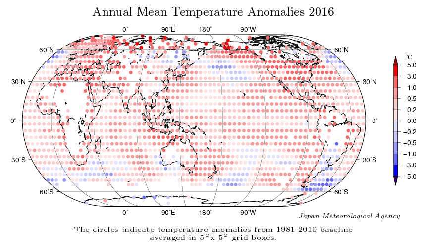 Distribución espacial de las anomalías de temperatura media anual para 2016 respecto al periodo 1981-2010