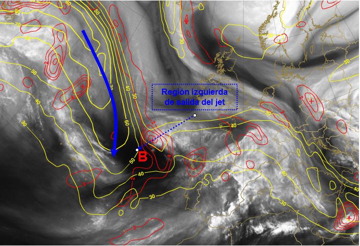 Ídem que el caso anterior pero con la imagen de WV Ídem que el caso anterior pero con la imagen de WV y campos de advección de vorticidad en 300 hPa (ascensos) en rojo.
