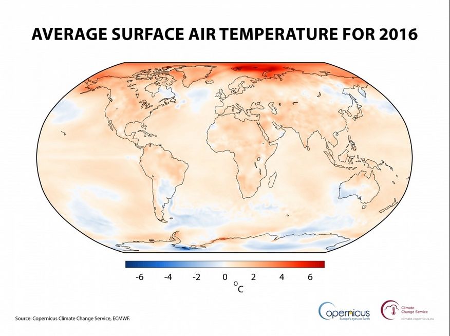 Temperatura del aire a una altura de dos metros para 2016 Temperatura del aire a una altura de dos metros para 2016, mostrada en relación con su promedio de 1981-2010. Fuente: Copernicus Climate Change Service, ECMWF. Crédito: ECMWF, Copernicus Climate Change Service