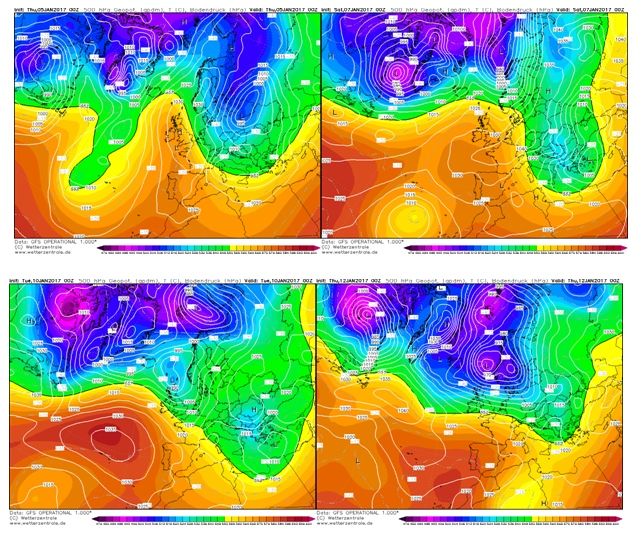Figura 3. Presión del nivel del mar (contornos blancos) y altura de la superficie de 500 hPa (colores) a las 0:00 UTC del 5, 7, 10 y 12 de enero de 2017. Fuente: NOAA / NCEP a través de www.wetterzentrale.de.