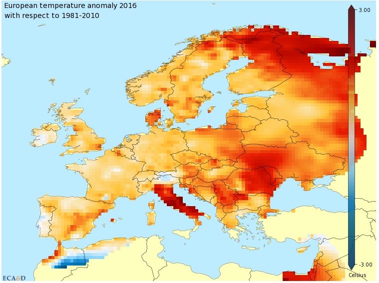 Anomalías medias anuales de la temperatura del aire en toda Europa para 2016, con respecto a la climatología de 1981-2010.